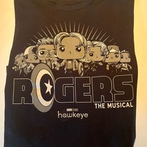Marvel Roger’s the musical size. XL black with Hawkeye/ Ironman/Captain America